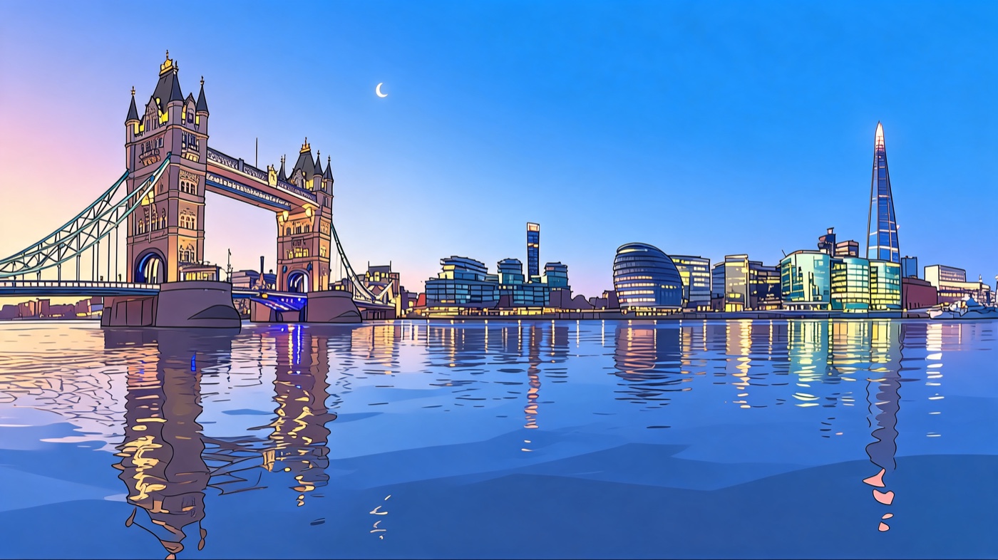 London anime-style illustration of Tower Bridge and the Shard at night