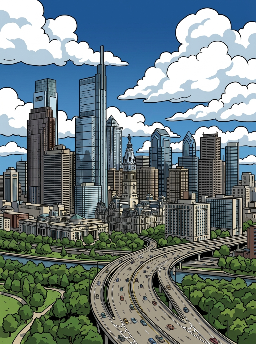 Philadelphia anime-style skyline illustration with City Hall and Comcast Center